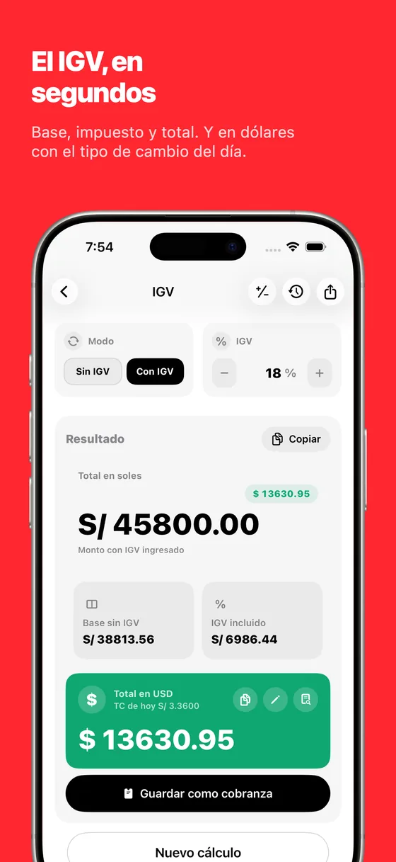 Pantalla de la calculadora de IGV de la app, con base, impuesto y total