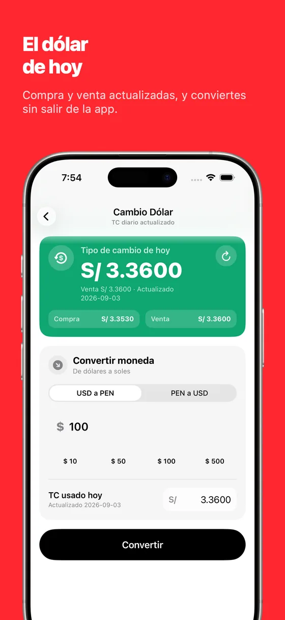 Conversión de soles a dólares con el tipo de cambio del día