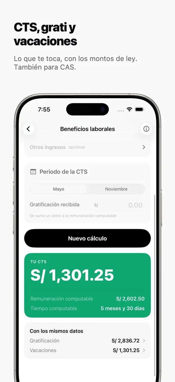 Pantalla de beneficios laborales: CTS, gratificación y vacaciones