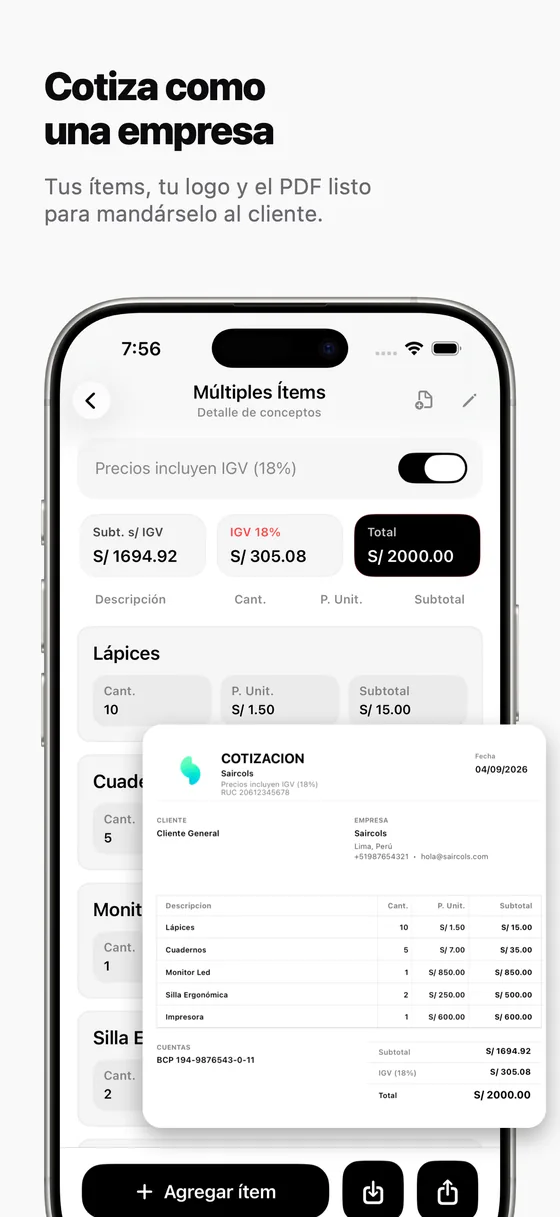 Cotización generada por la app, lista para exportar en PDF