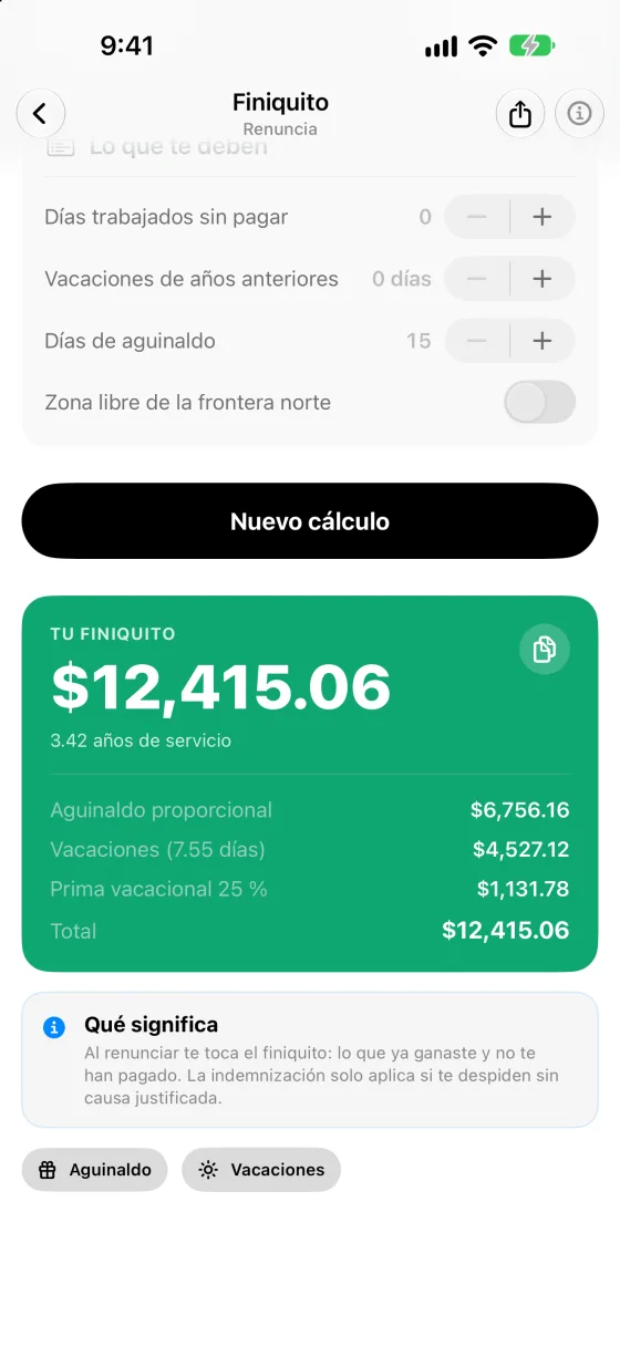 Pantalla de finiquito por renuncia con aguinaldo proporcional, vacaciones y prima vacacional