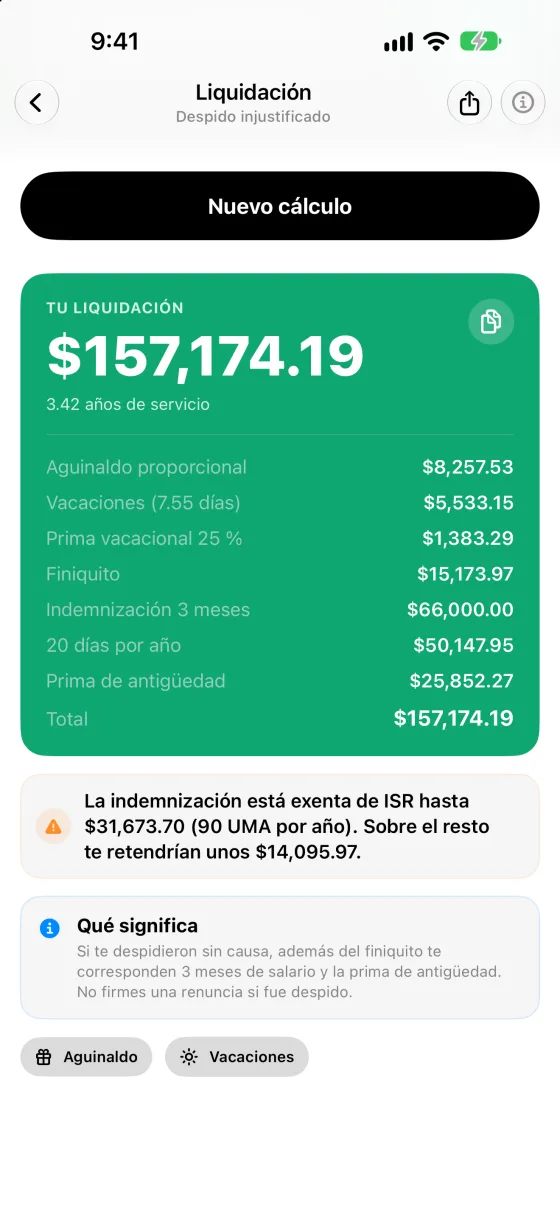Liquidación por despido injustificado de $157,174.19 con 3 meses, 20 días por año y prima de antigüedad