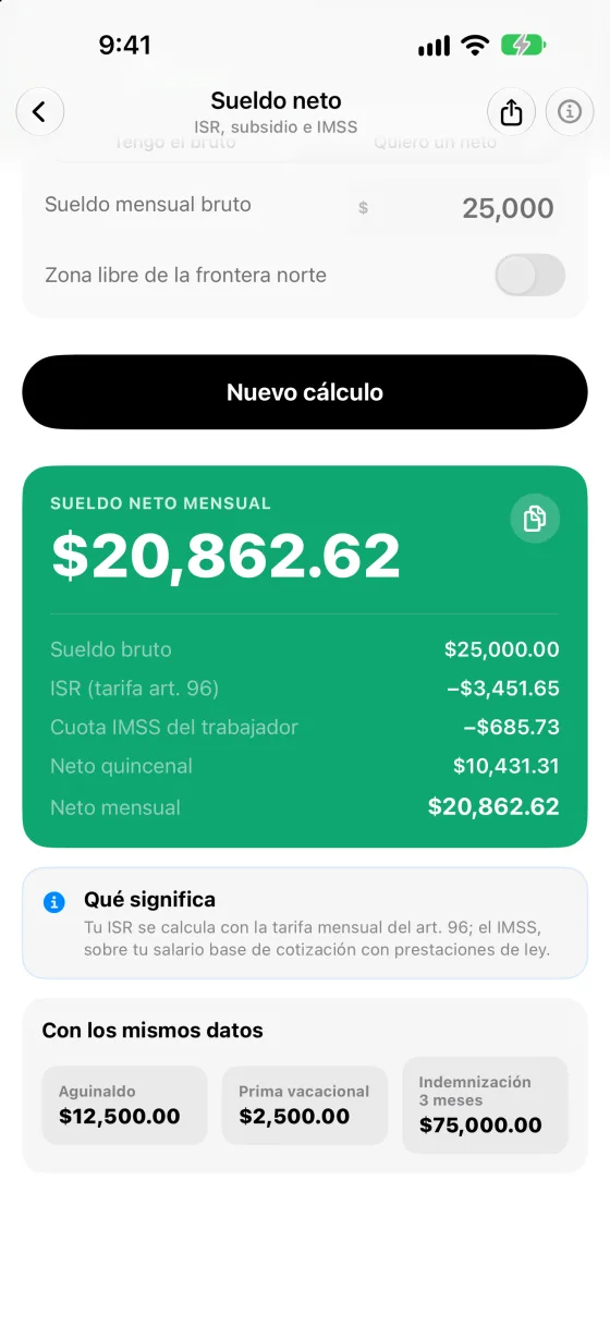 Sueldo neto mensual de $20,862.62 desde un bruto de $25,000 con ISR e IMSS