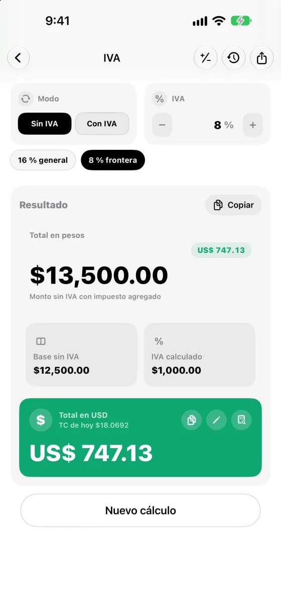 Calculadora de IVA con 8 % frontera: base $12,500 y total $13,500
