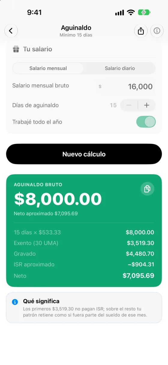 Aguinaldo de $8,000 con la parte exenta de 30 UMA y el ISR aproximado