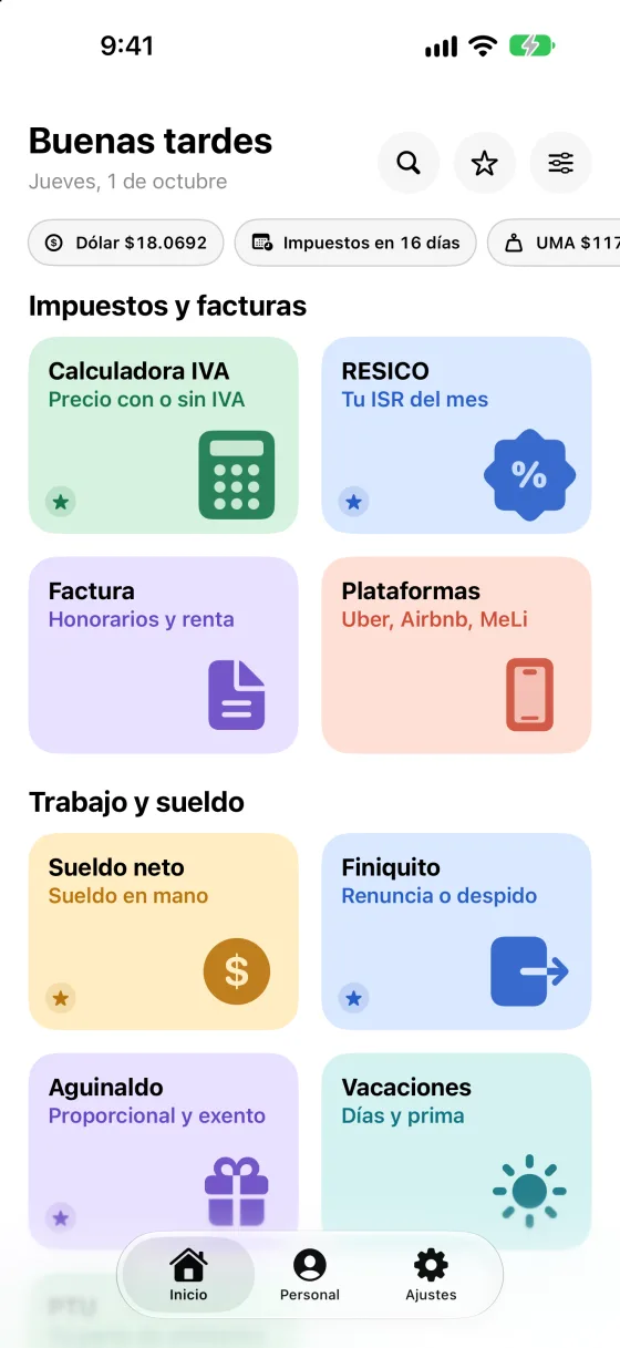 Pantalla de inicio con el dólar FIX, la UMA y el catálogo de herramientas