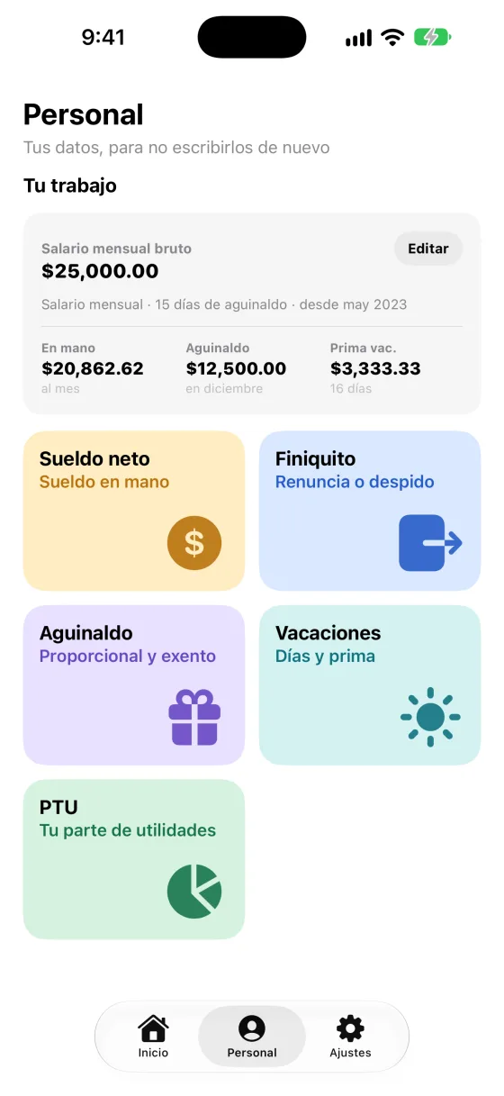 Pantalla Personal con el salario guardado, sueldo neto, aguinaldo y prima vacacional