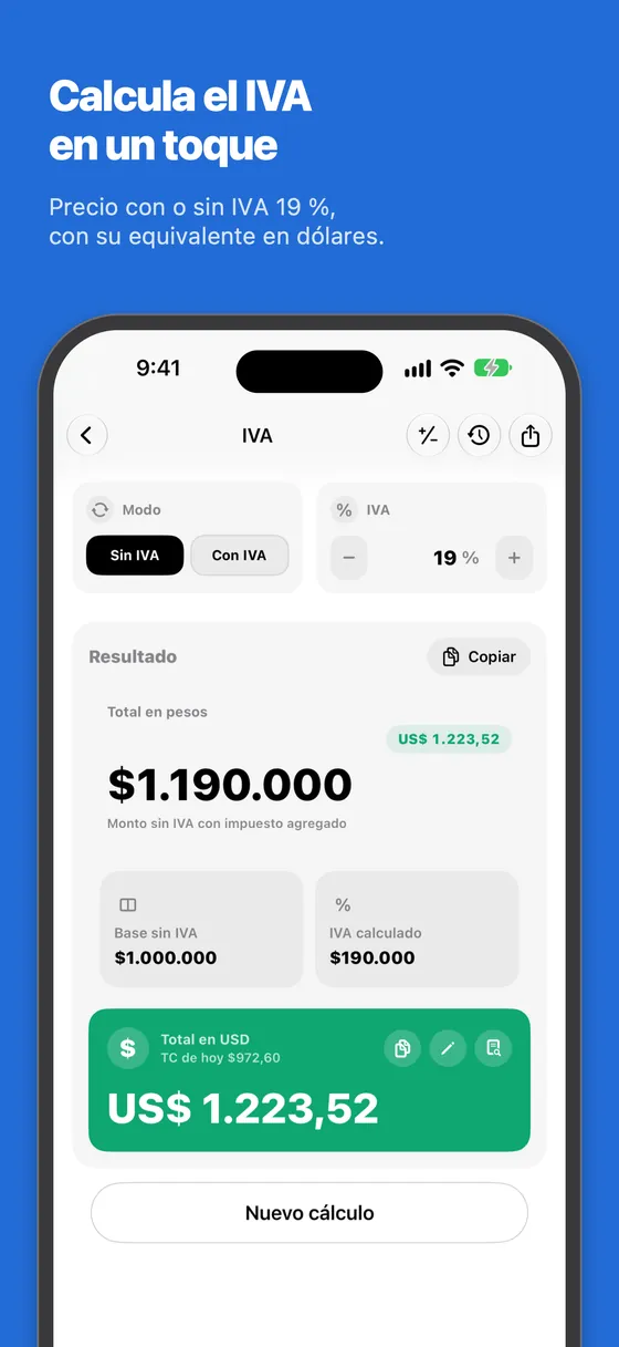 Pantalla de la calculadora de IVA: neto $1.000.000, IVA $190.000 y total $1.190.000