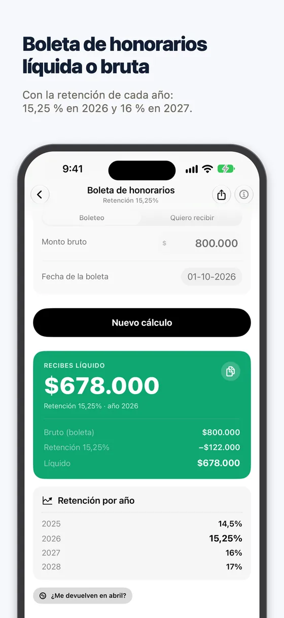 Boleta de honorarios de $800.000 con retención de 15,25 % y líquido de $678.000