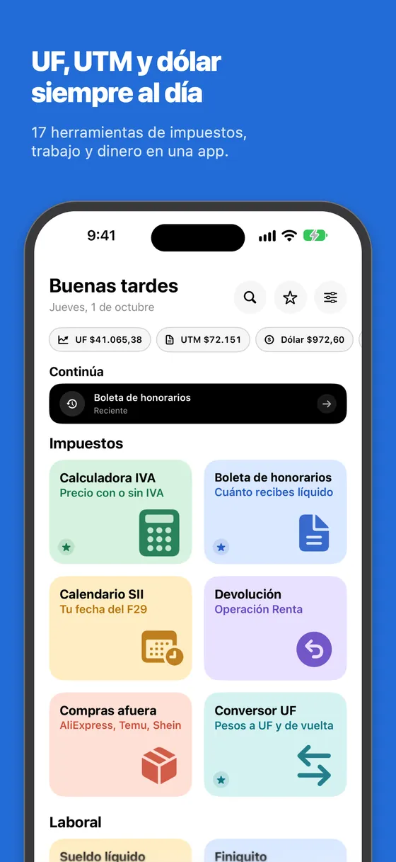 Pantalla de inicio con la UF, la UTM y el dólar del día y el catálogo de herramientas