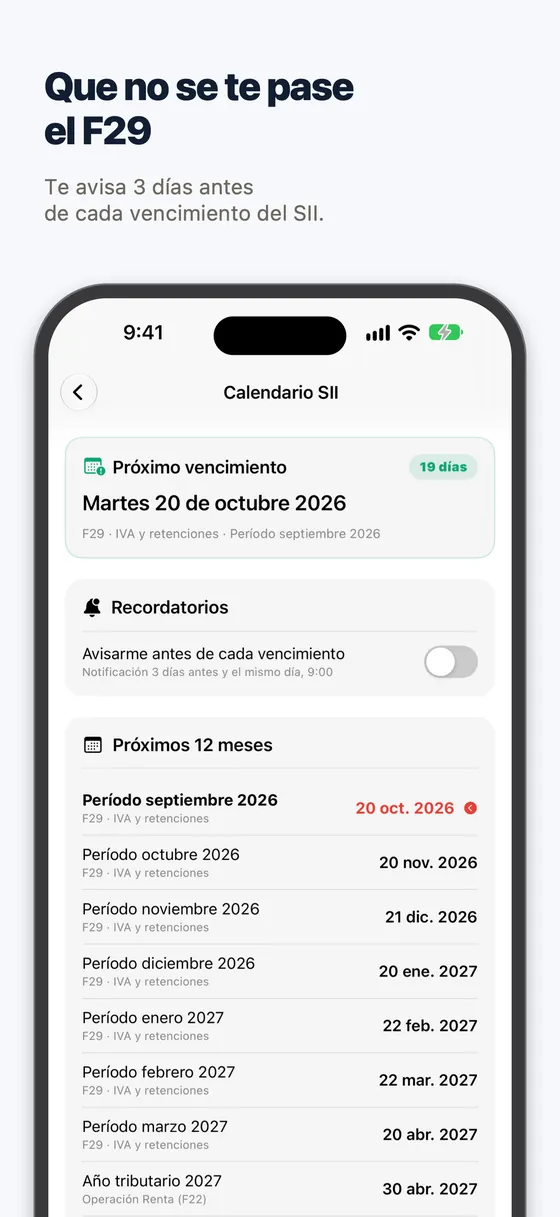Calendario con los vencimientos del F29 de los próximos doce meses