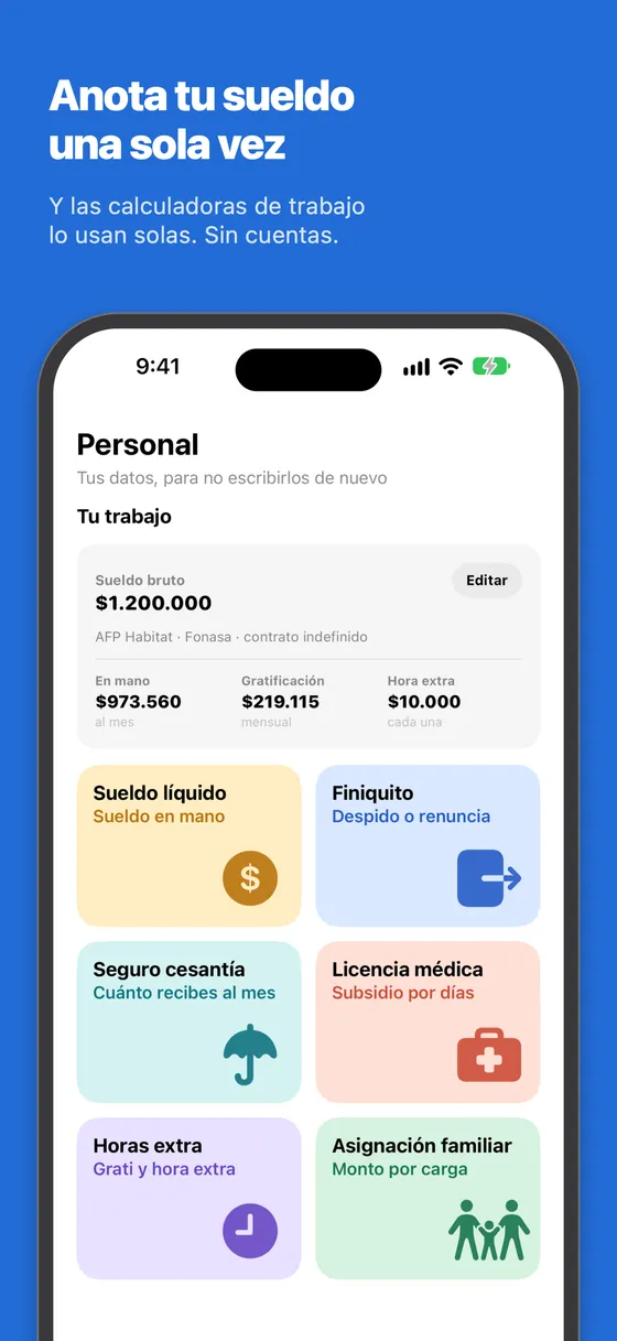 Pantalla Personal con el sueldo guardado y los resultados derivados