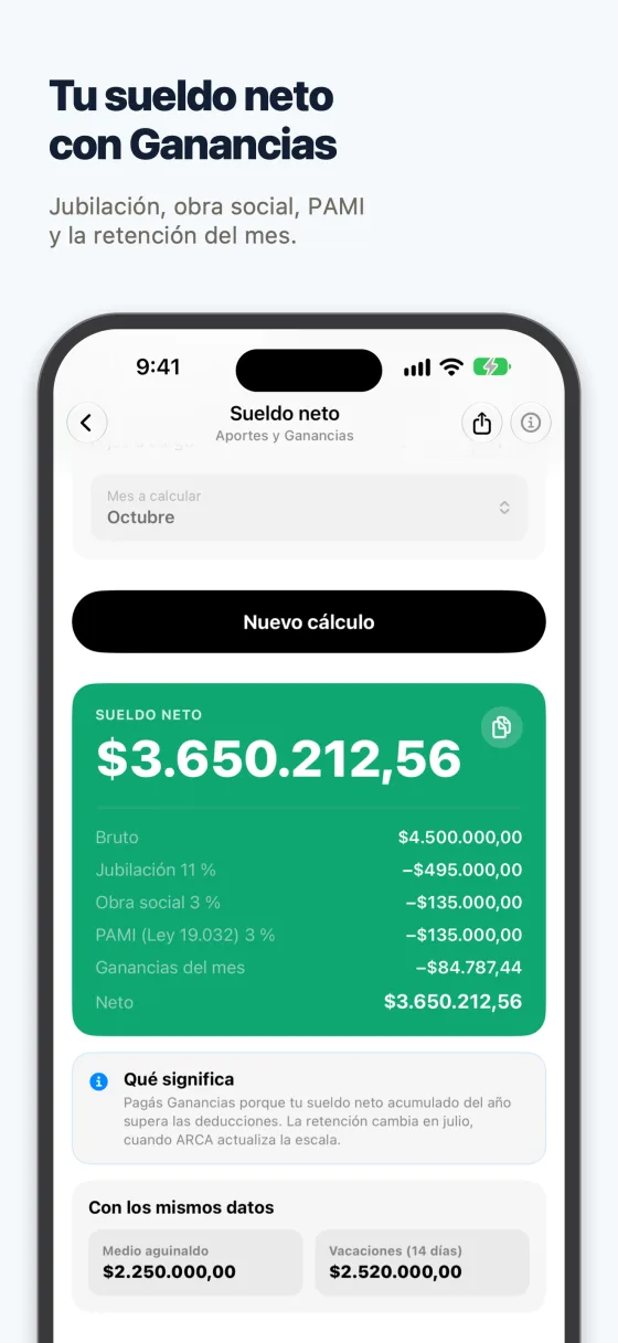 Pantalla de sueldo neto con jubilación, obra social, PAMI y Ganancias del mes