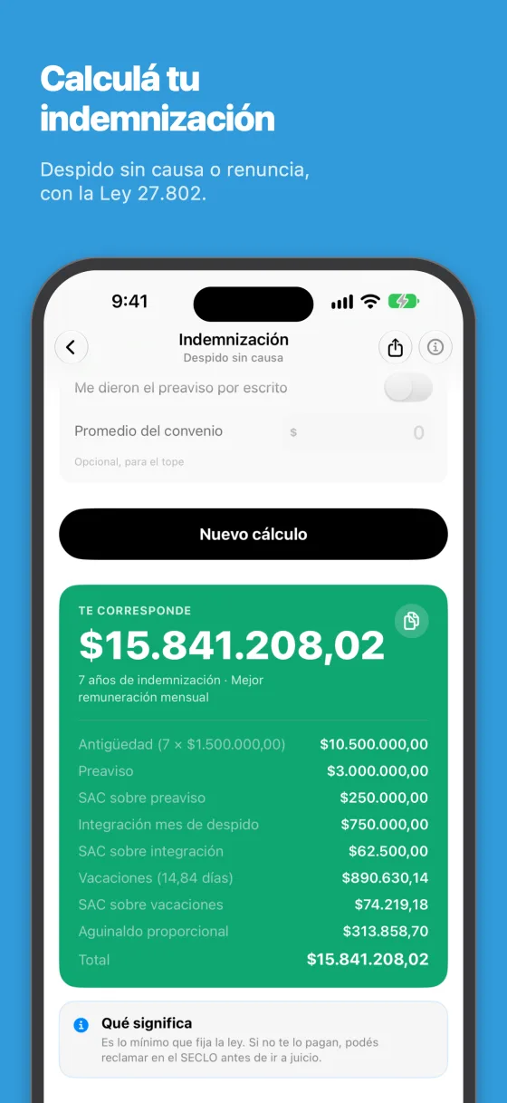 Pantalla de indemnización con antigüedad, preaviso, integración, vacaciones y aguinaldo proporcional