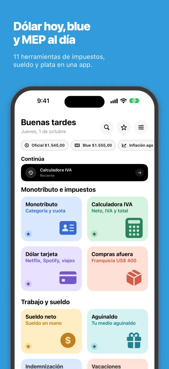 Pantalla de inicio con el dólar oficial, el blue, la inflación y el catálogo de herramientas