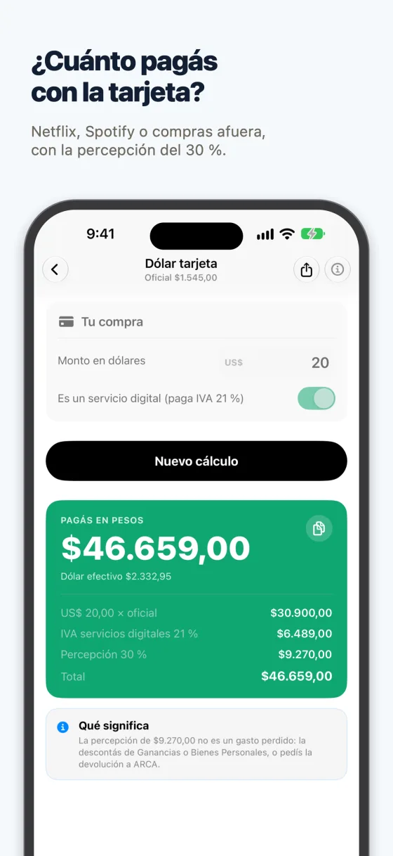 Dólar tarjeta: US$ 20 de un servicio digital son $46.659 con IVA y percepción del 30 %