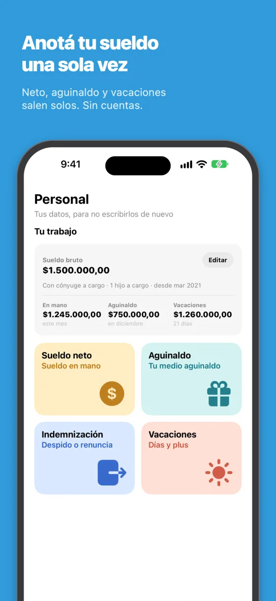 Pantalla Personal con el sueldo guardado, el neto, el aguinaldo y las vacaciones